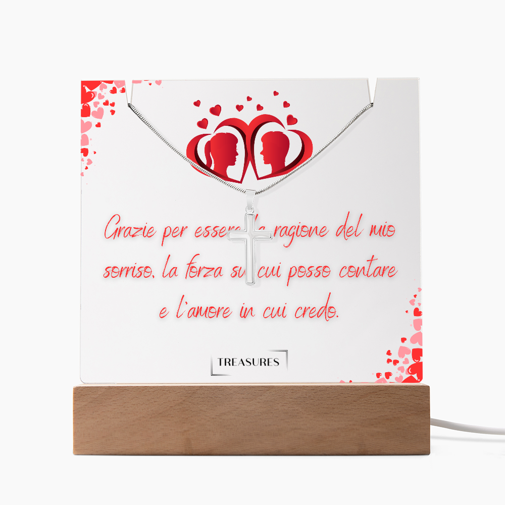 Set Keepsake in acrilico con display quadrato personalizzato e collana con croce in acciaio inox, regalo unico per uomo, base LED in legno, perfetto per compleanno, Natale o anniversario, treasures.ch