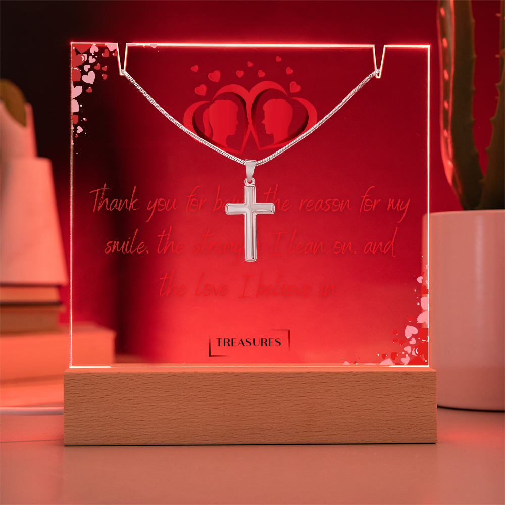 Keepsake acrylic bundle with personalized square acrylic display and stainless steel cross necklace, unique gift for men, LED wooden base, perfect for birthday, Christmas, or anniversary, treasures.ch