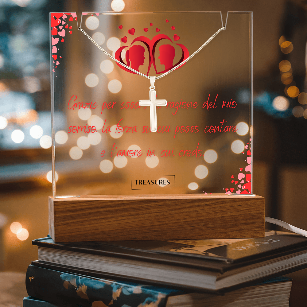 Set Keepsake in acrilico con display quadrato personalizzato e collana con croce in acciaio inox, regalo unico per uomo, base LED in legno, perfetto per compleanno, Natale o anniversario, treasures.ch