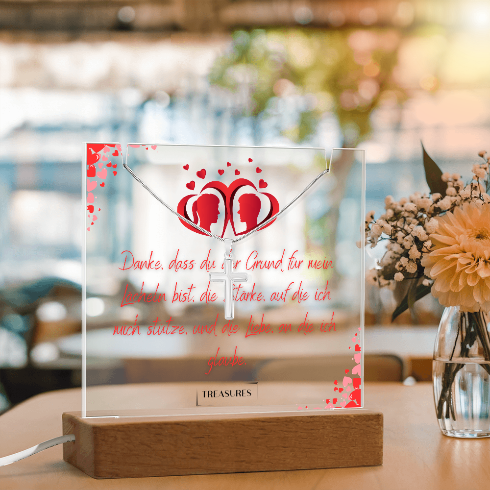 Keepsake Acrylic Bundle mit Kreuzkette, personalisiertes Geschenk für Männer, LED-Acryl-Dekor mit Edelstahlkette, Jahrestag, Weihnachten, Geburtstag, treasures.ch