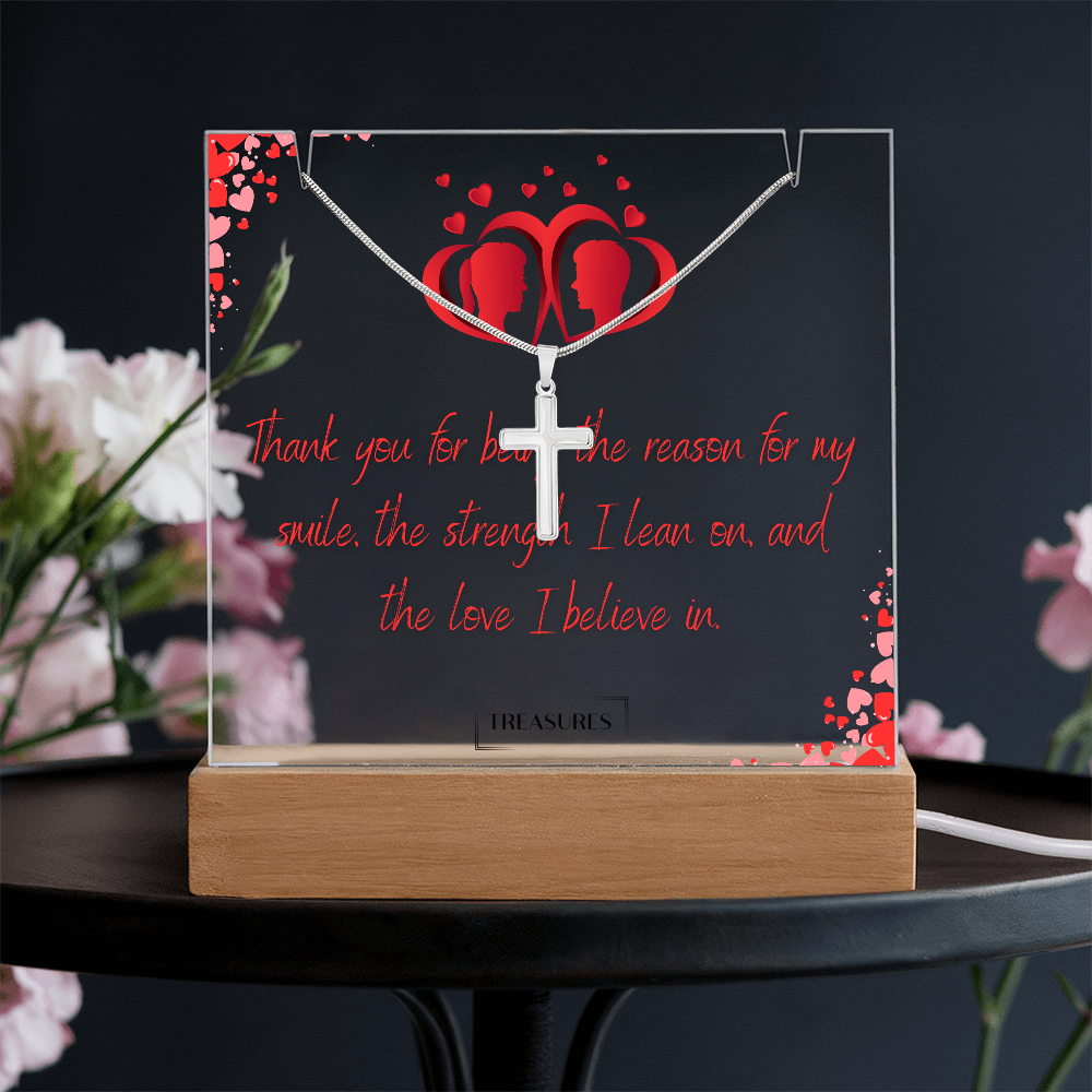 Keepsake acrylic bundle with personalized square acrylic display and stainless steel cross necklace, unique gift for men, LED wooden base, perfect for birthday, Christmas, or anniversary, treasures.ch