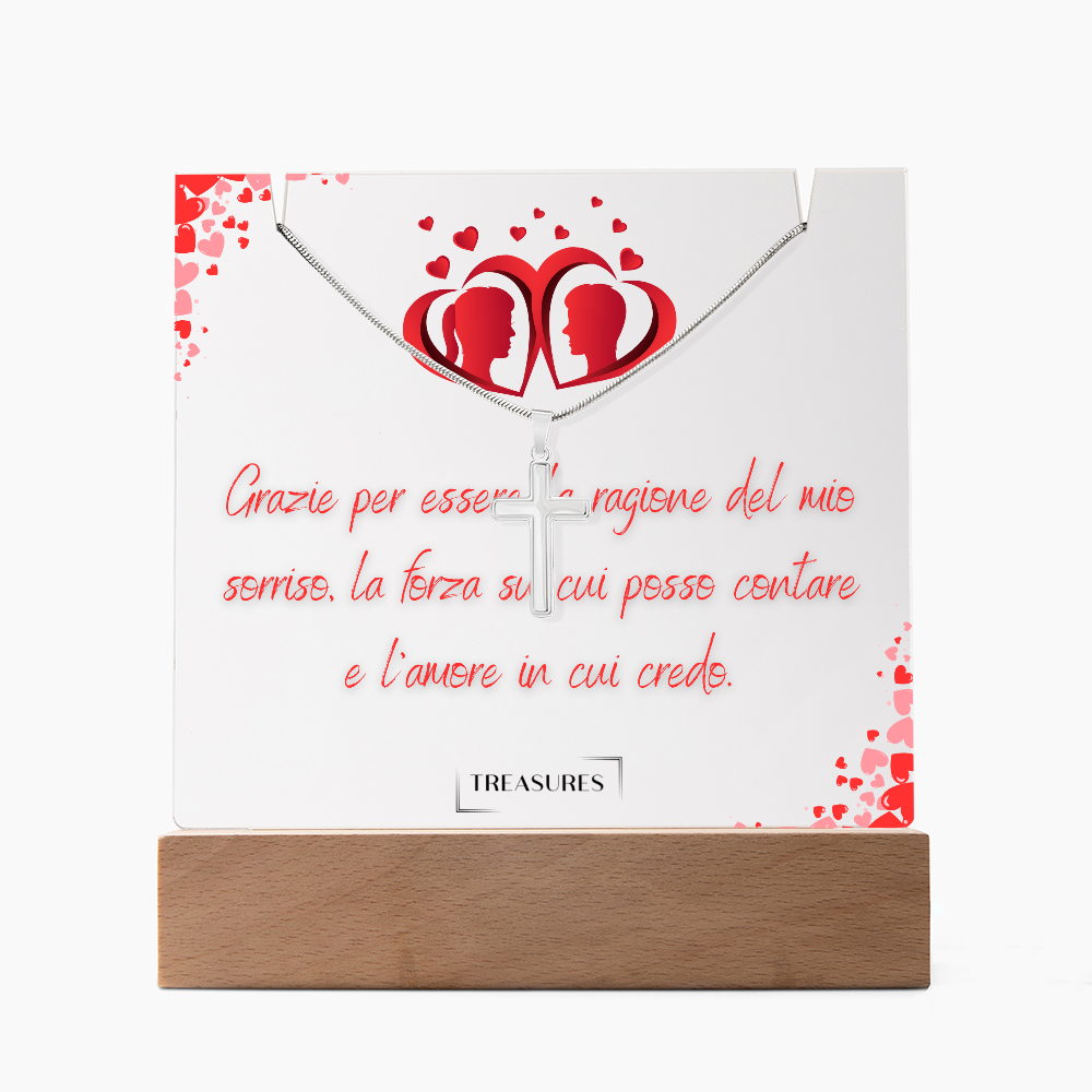 Set Keepsake in acrilico con display quadrato personalizzato e collana con croce in acciaio inox, regalo unico per uomo, base LED in legno, perfetto per compleanno, Natale o anniversario, treasures.ch