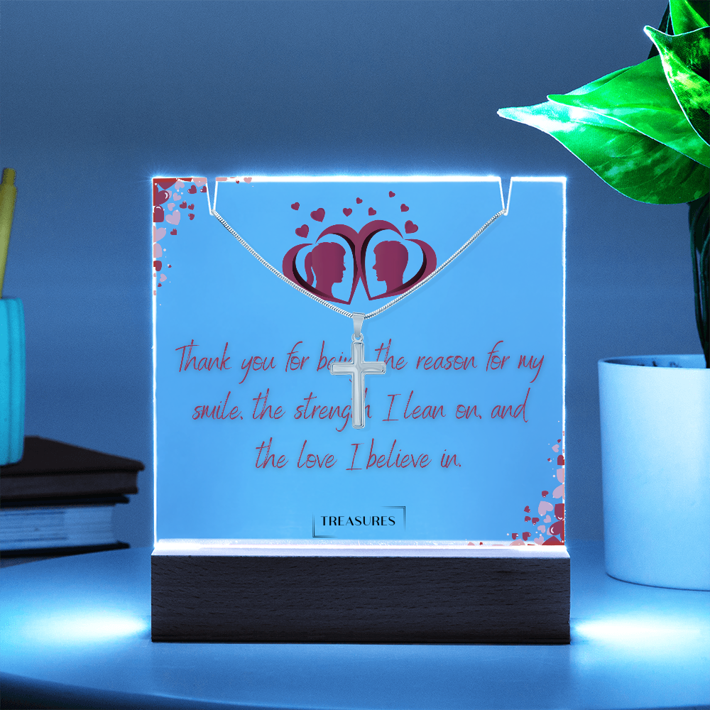 Keepsake acrylic bundle with personalized square acrylic display and stainless steel cross necklace, unique gift for men, LED wooden base, perfect for birthday, Christmas, or anniversary, treasures.ch