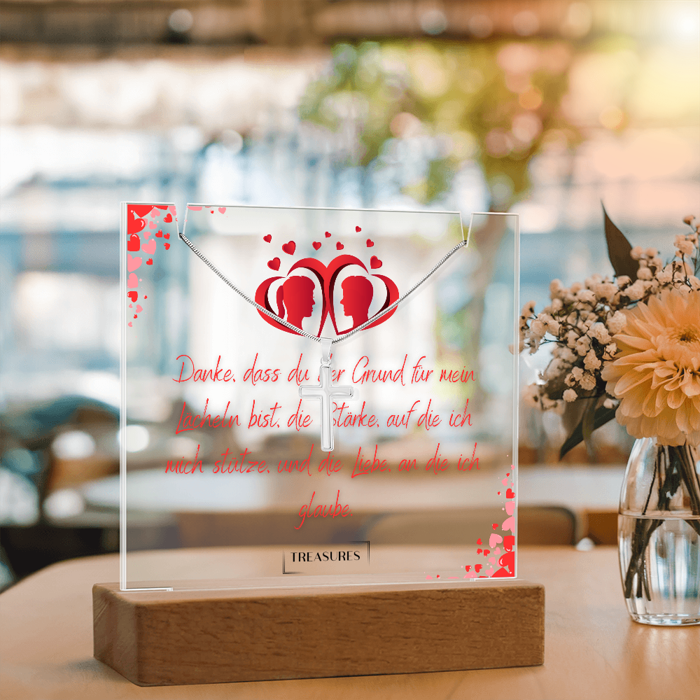 Keepsake Acrylic Bundle mit Kreuzkette, personalisiertes Geschenk für Männer, LED-Acryl-Dekor mit Edelstahlkette, Jahrestag, Weihnachten, Geburtstag, treasures.ch