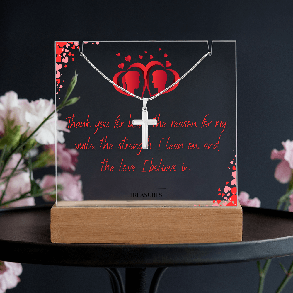 Keepsake acrylic bundle with personalized square acrylic display and stainless steel cross necklace, unique gift for men, LED wooden base, perfect for birthday, Christmas, or anniversary, treasures.ch