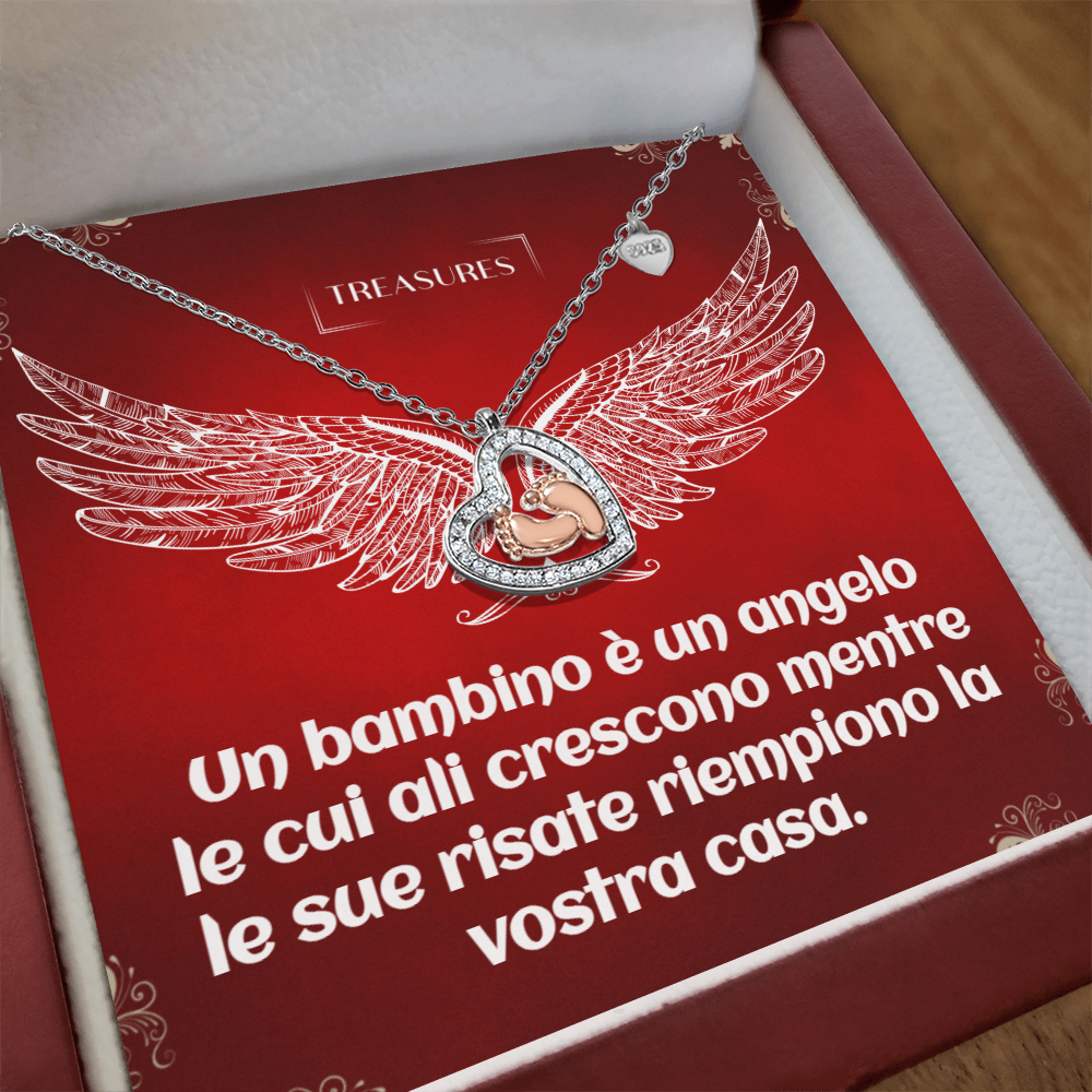 Collana a forma di cuore con zirconi cubici scintillanti e delicati piedini in oro rosa, simbolo di amore, famiglia e nuovi inizi.