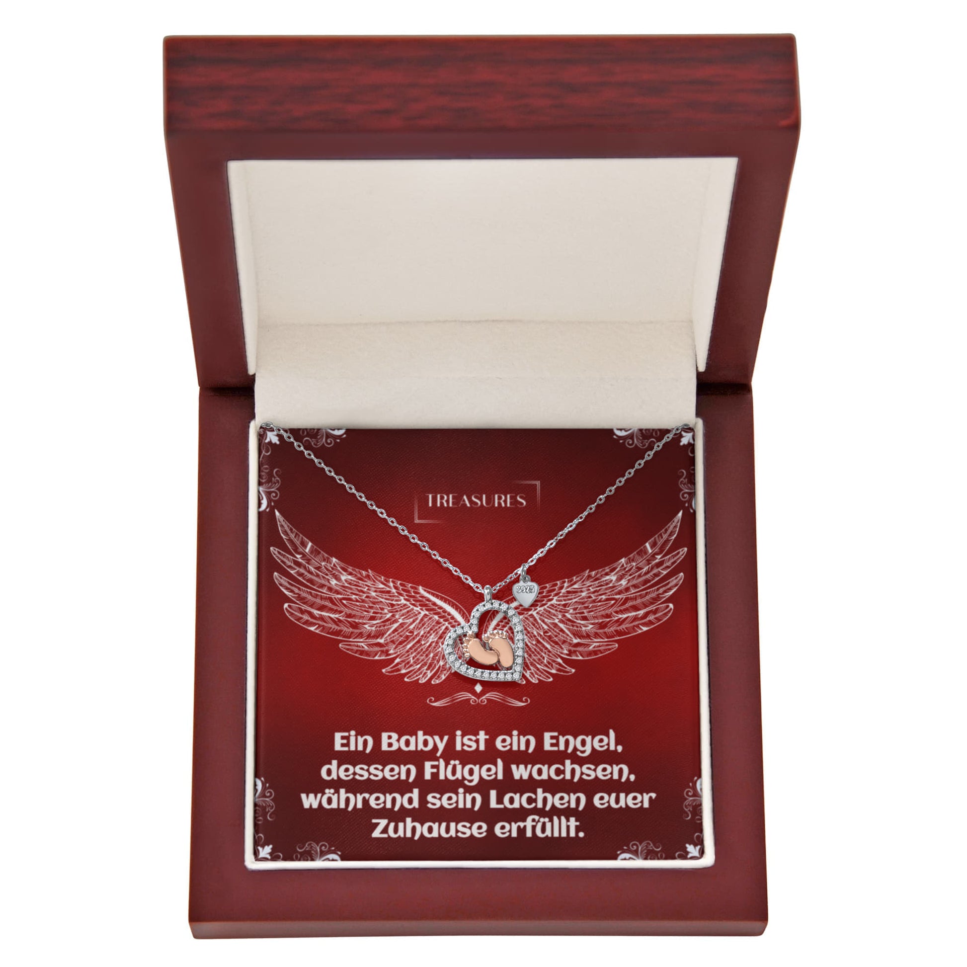 Herzförmige Halskette mit funkelnden Zirkonia und zarten roségoldenen Babyfüßchen – ein Symbol für Liebe, Familie und Neuanfänge.