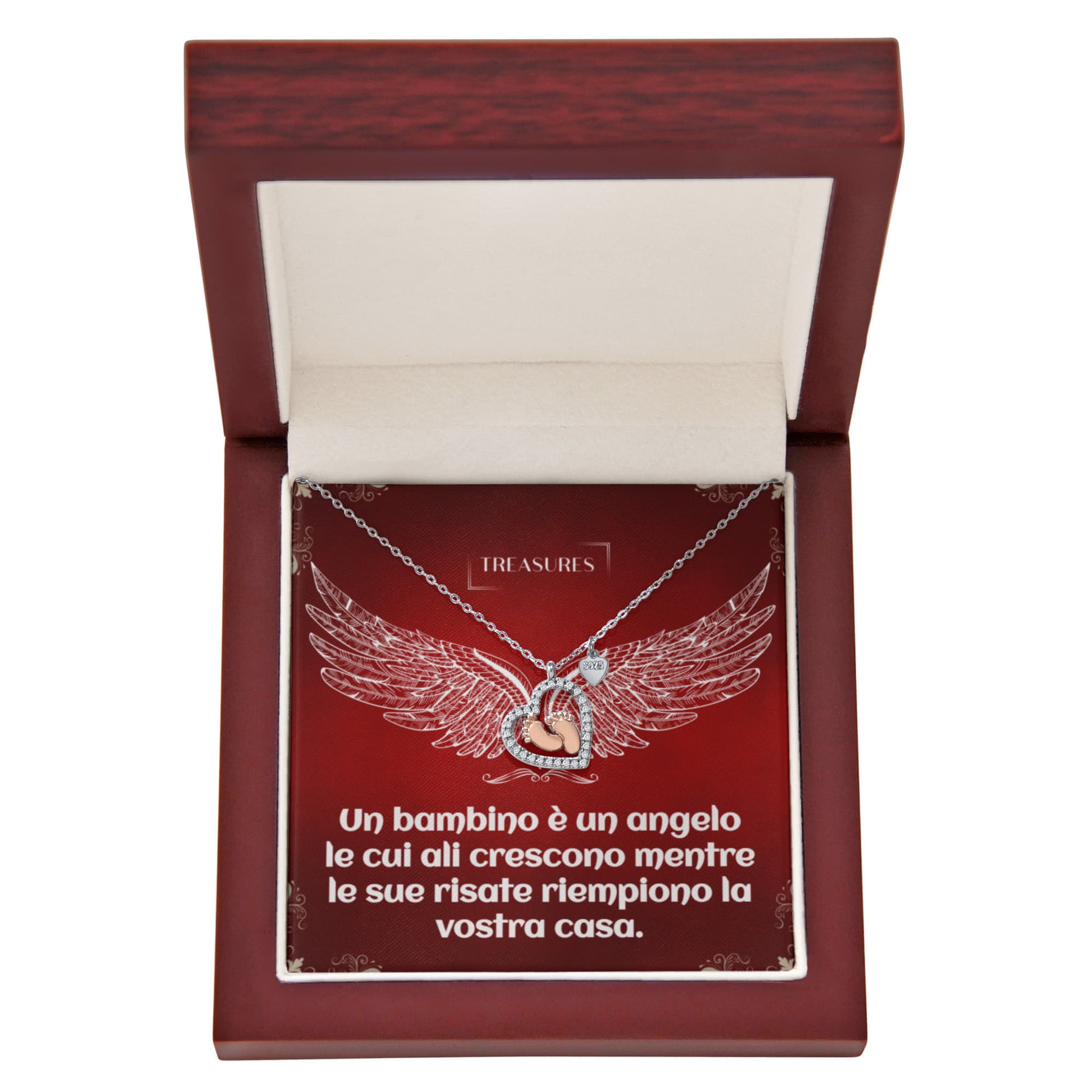 Collana a forma di cuore con zirconi cubici scintillanti e delicati piedini in oro rosa, simbolo di amore, famiglia e nuovi inizi.