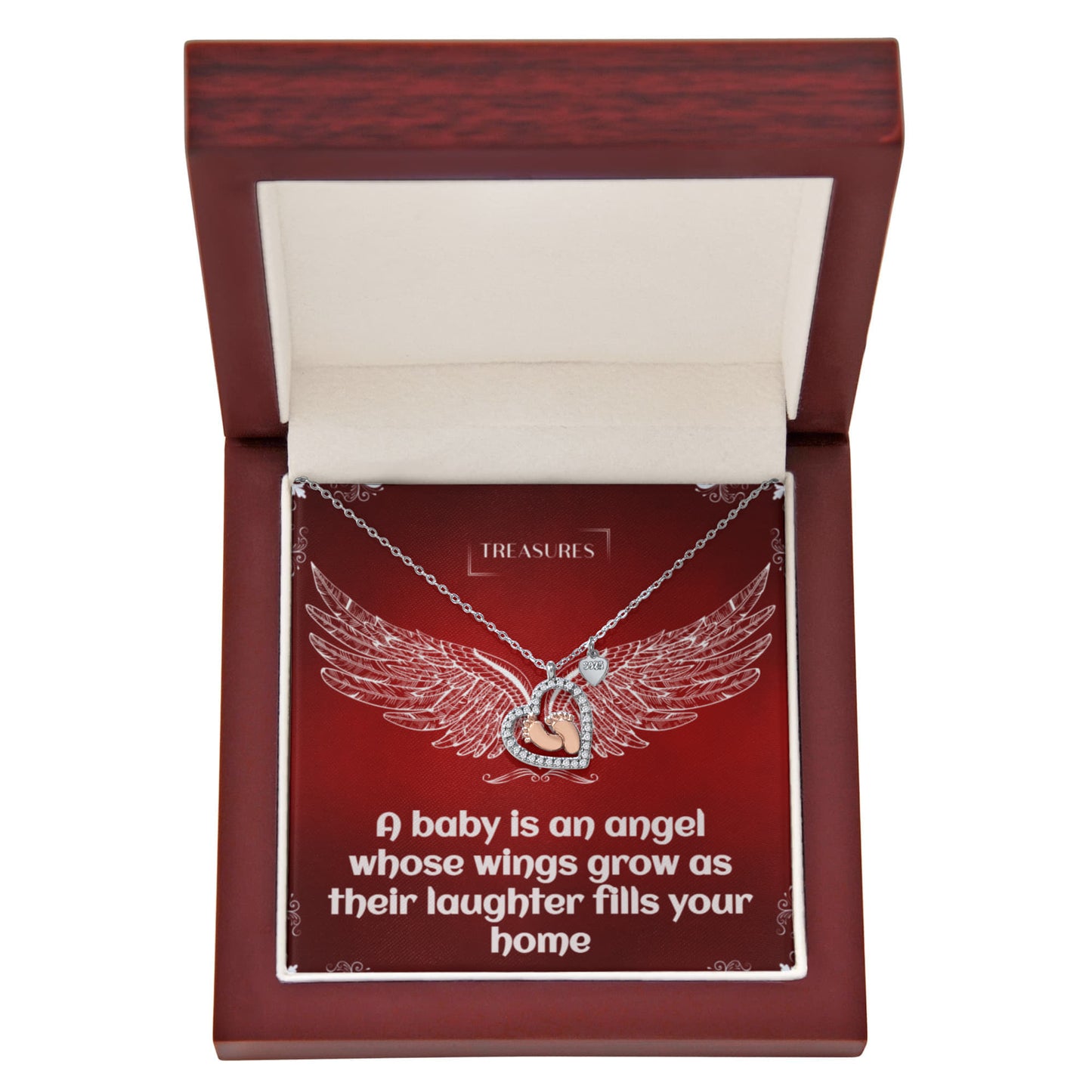 Heart-shaped necklace with sparkling cubic zirconia and delicate rose gold baby feet, symbolizing love, family, and new beginnings.
