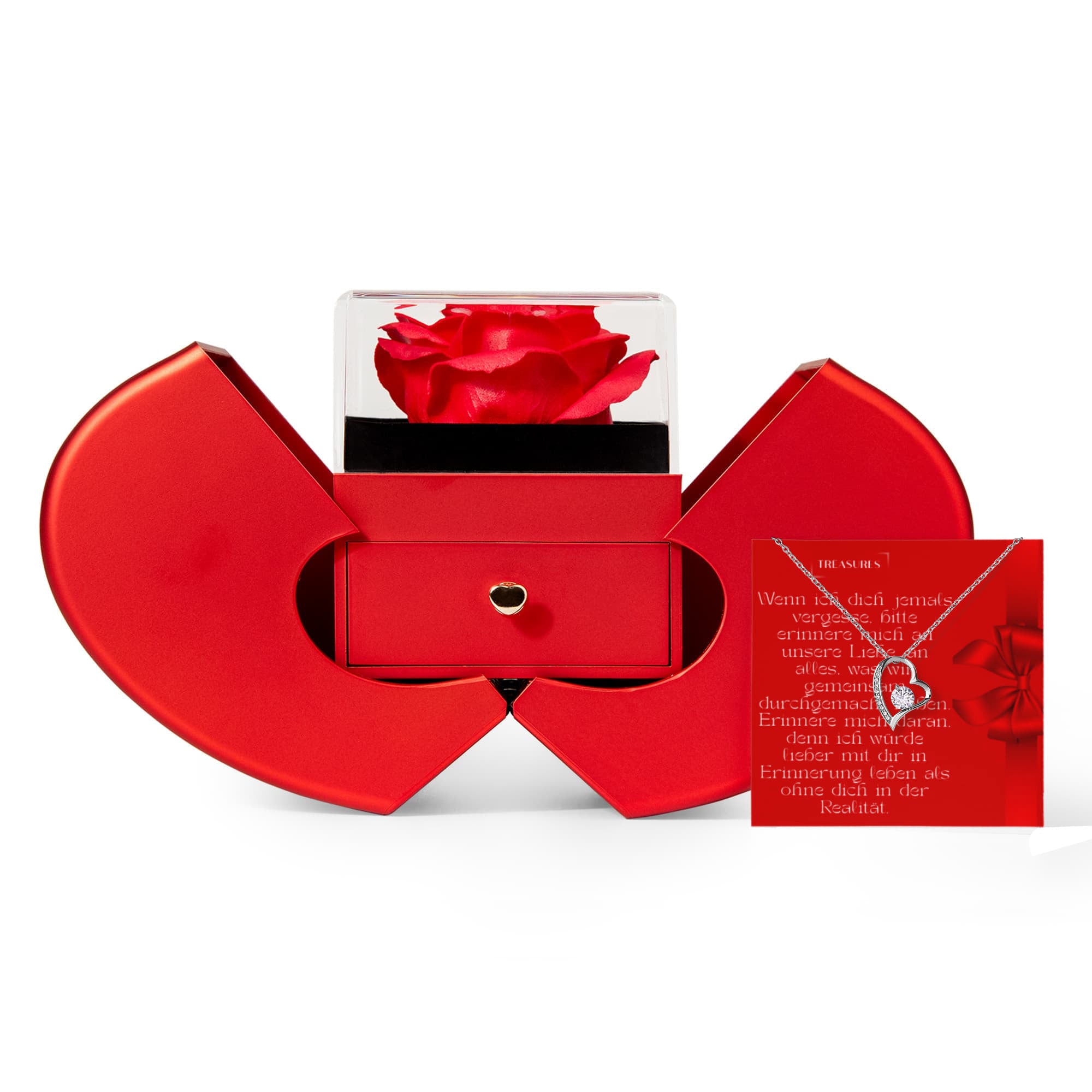 Forever Love Kette mit Zirkonia und rote Herzbox mit ewiger Rose – Geschenk für Frauen.