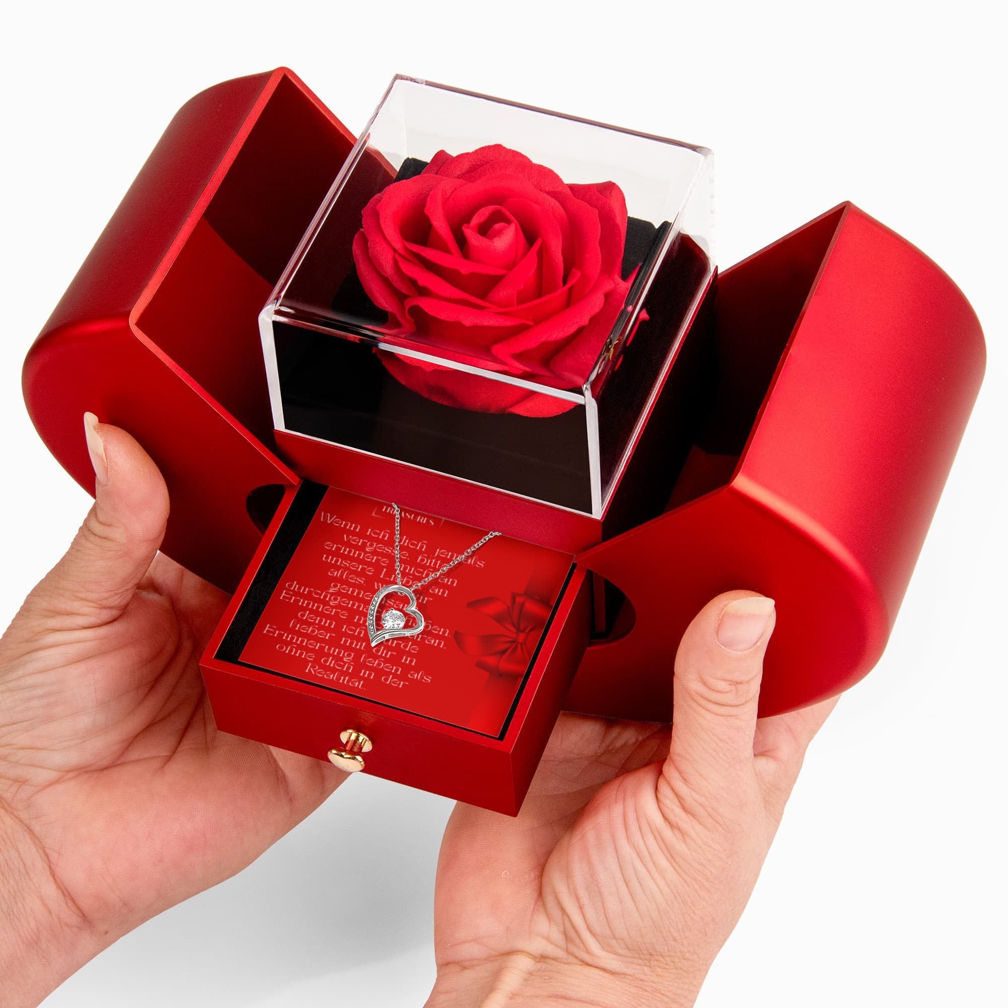 Forever Love Kette mit Zirkonia und rote Herzbox mit ewiger Rose – Geschenk für Frauen.