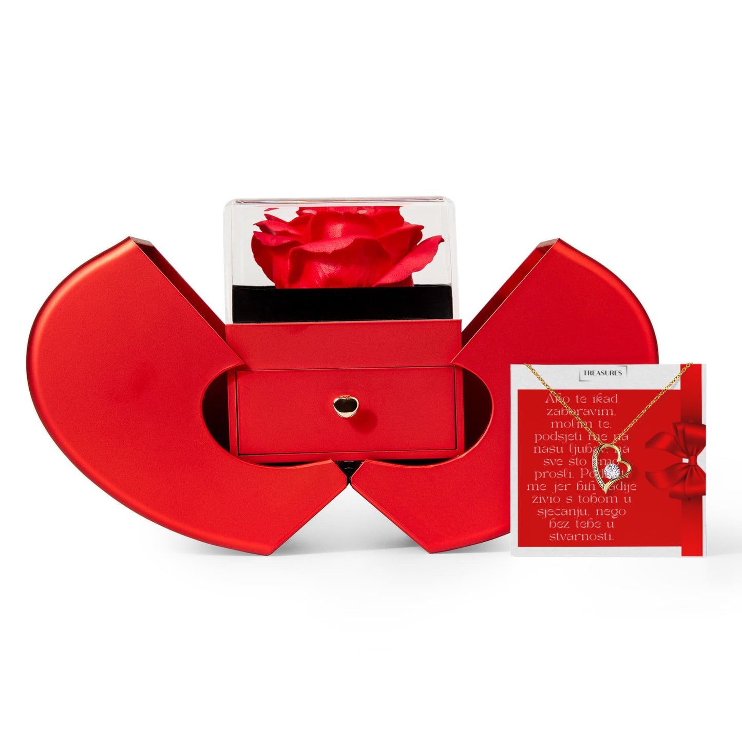 Forever Love ogrlica s cirkonom i crvena Heart Box poklon kutija s vječnom ružom – poklon za ženu.