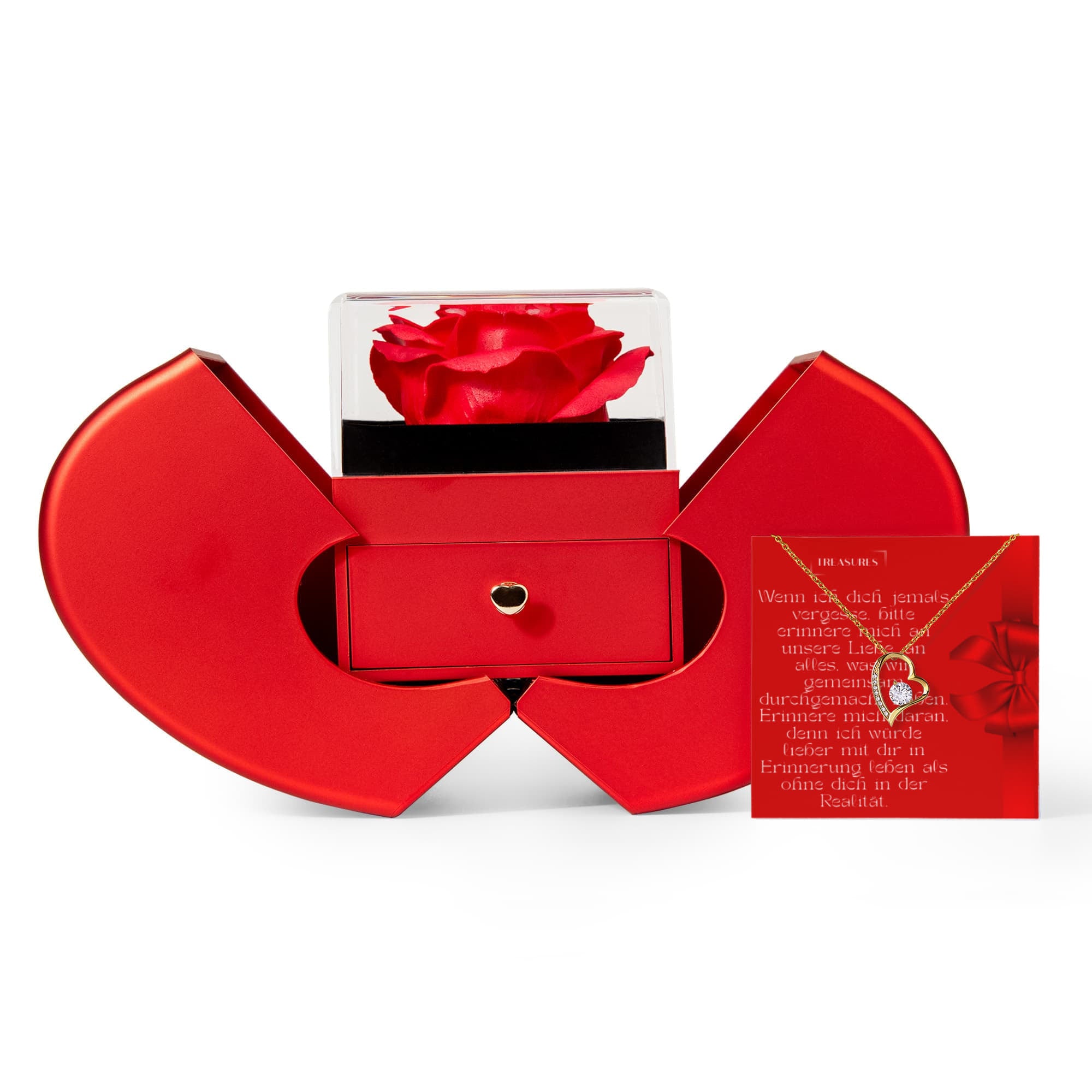 Forever Love Kette mit Zirkonia und rote Herzbox mit ewiger Rose – Geschenk für Frauen.