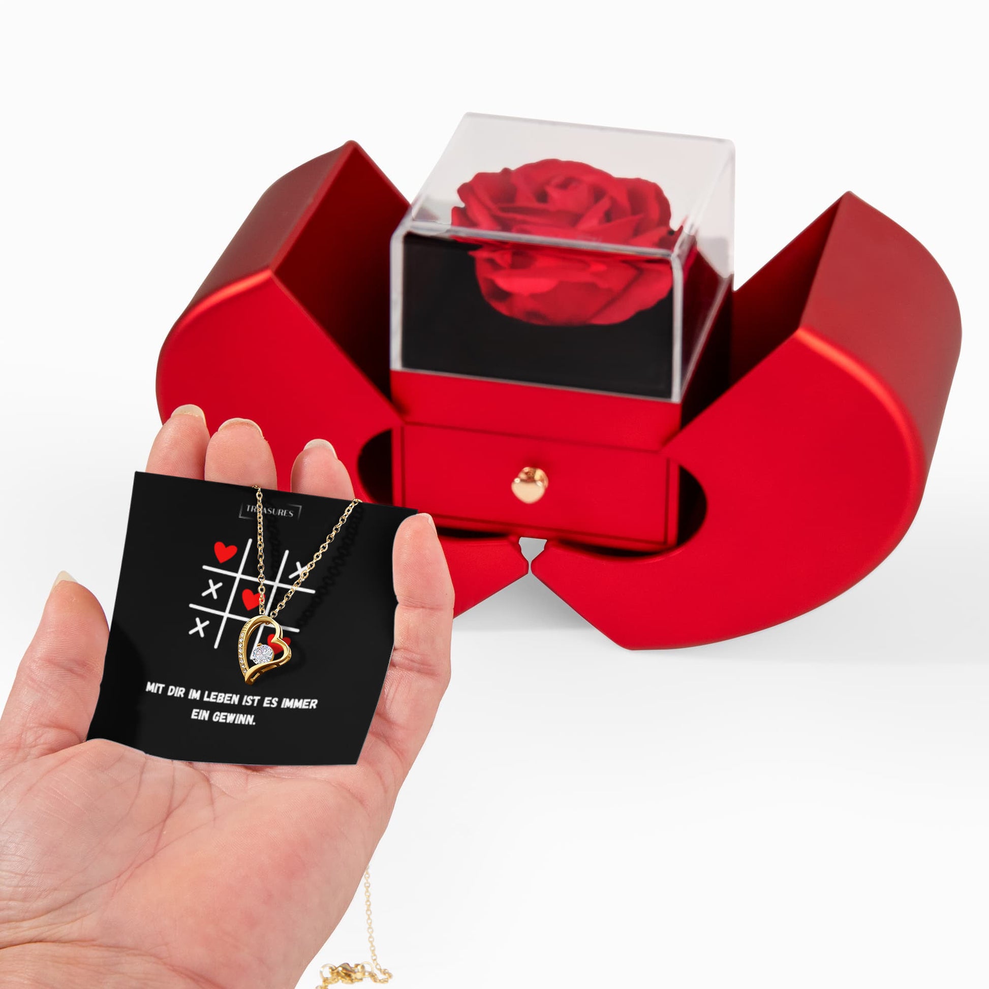 Handgefertigtes Forever Love Geschenkset mit ewiger Rose und funkelnder Halskette, romantisches Schweizer Geschenk für Damen, ideal für Geburtstag, Jahrestag, treasures.ch