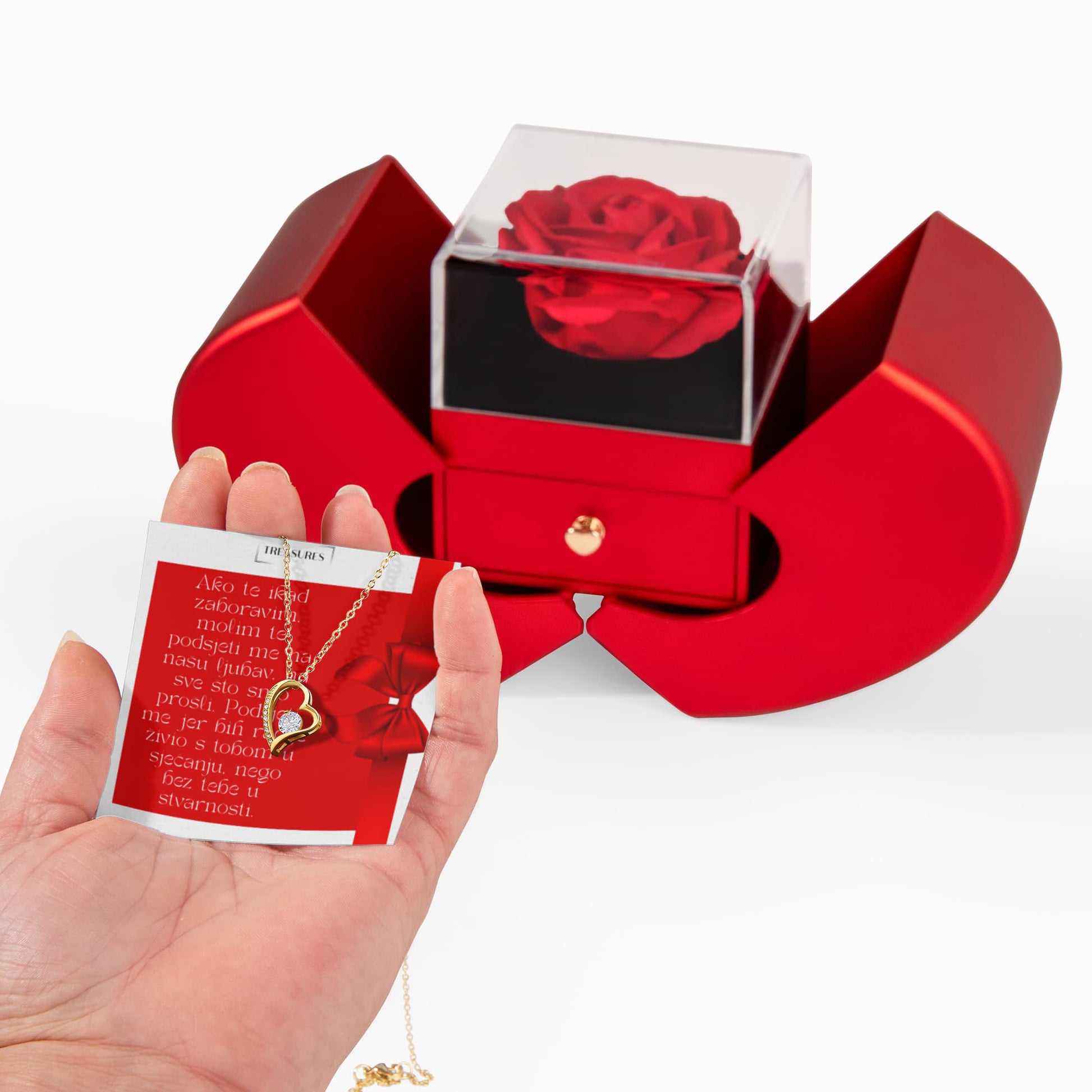 Forever Love ogrlica s cirkonom i crvena Heart Box poklon kutija s vječnom ružom – poklon za ženu.