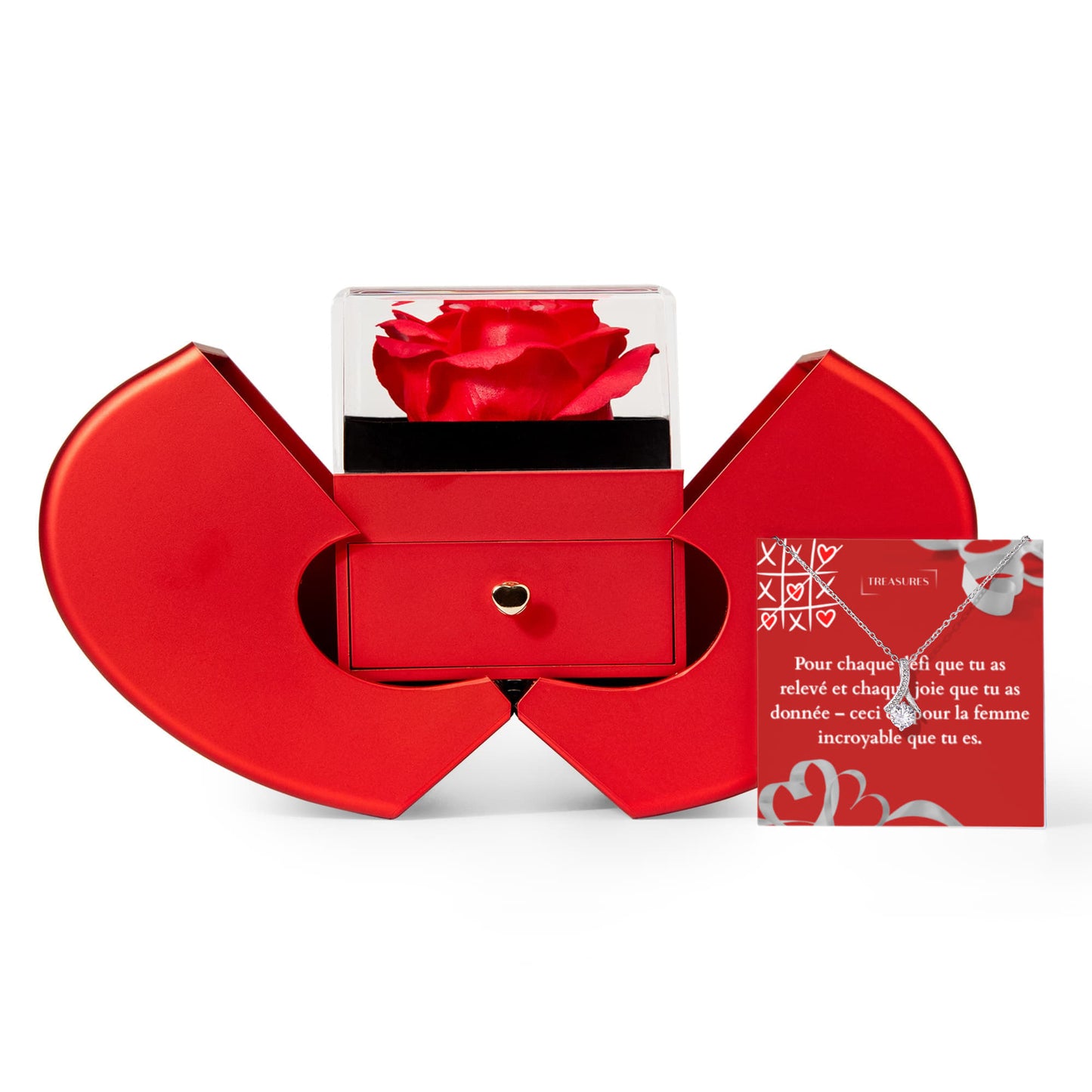 Collier Alluring Beauty avec zircon étincelant et boîte cœur avec rose éternelle, cadeau inoubliable pour anniversaire, fête ou occasion spéciale, treasures.ch