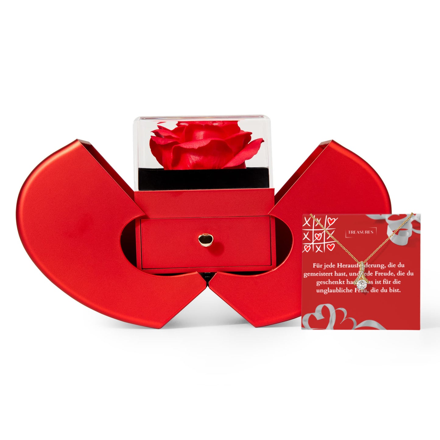 Alluring Beauty Halskette mit funkelndem Zirkonia und Herzbox mit ewiger Rose, unvergessliches Geschenk für Geburtstag, Jahrestag oder besonderen Anlass, treasures.ch