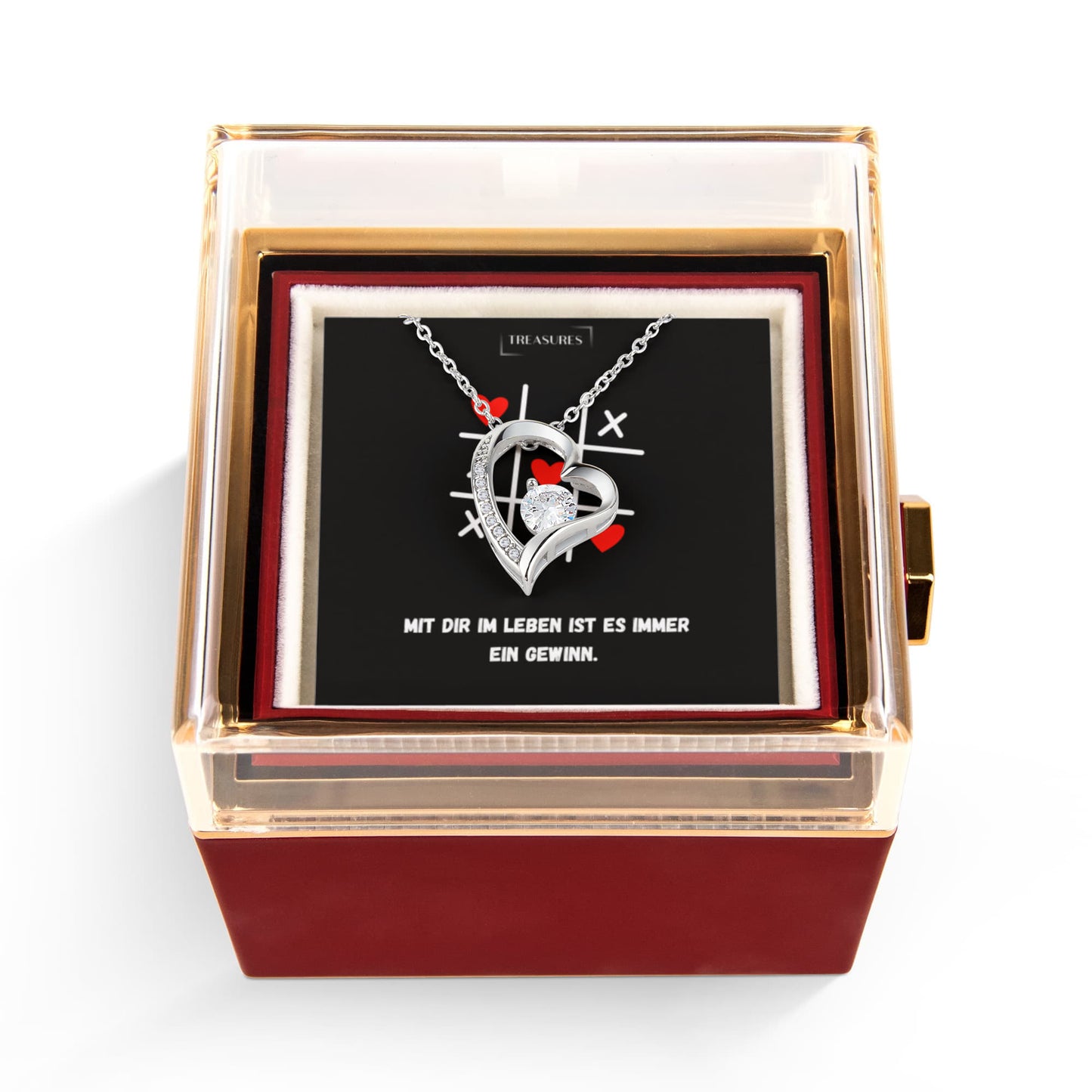 Liebes-Knoten-Halsband mit funkelndem Zirkonia-Anhänger in 14k Weißgold-Finish, präsentiert in einer luxuriösen Geschenkbox mit ewiger roter Rose – das perfekte Geschenk für besondere Anlässe.