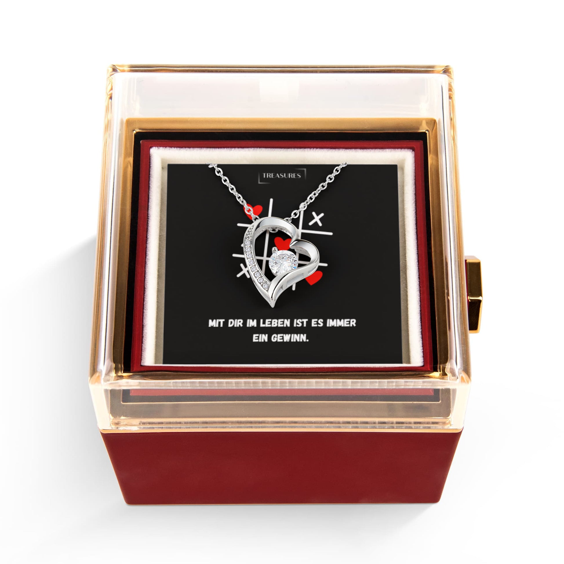 Liebes-Knoten-Halsband mit funkelndem Zirkonia-Anhänger in 14k Weißgold-Finish, präsentiert in einer luxuriösen Geschenkbox mit ewiger roter Rose – das perfekte Geschenk für besondere Anlässe.