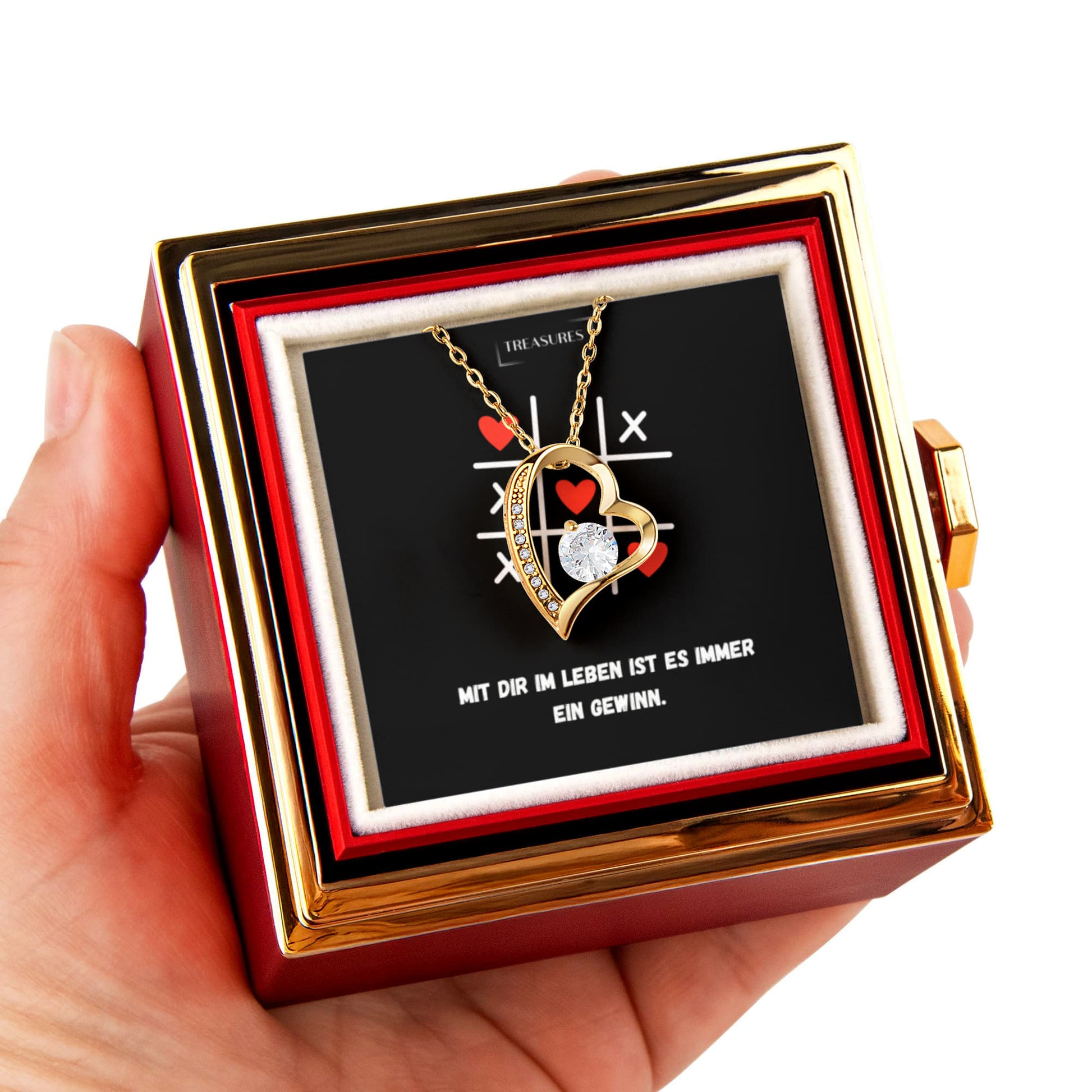 Liebes-Knoten-Halsband mit funkelndem Zirkonia-Anhänger in 14k Weißgold-Finish, präsentiert in einer luxuriösen Geschenkbox mit ewiger roter Rose – das perfekte Geschenk für besondere Anlässe.