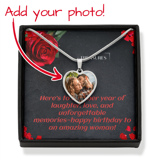 Personalized photo heart necklace for women, custom engraved, unique birthday keepsake, upload your own photo, stainless steel or 18k gold finish, treasures.ch